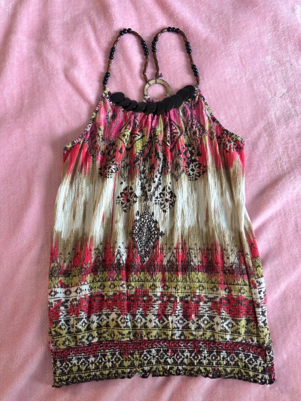 Cato Wooden Beaded High Neck Tank Top with Smocked Tapered Bottom Medium